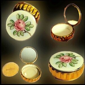 Vtg 50s porcelain rose mini mirror hinged makeup compact pill trinket stash box